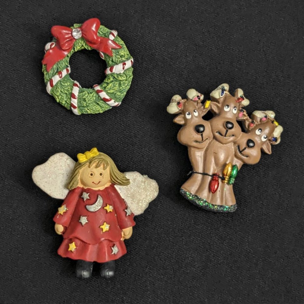 3 Cute Christmas Holiday Pins Reindeer Angel Wreath Holiday